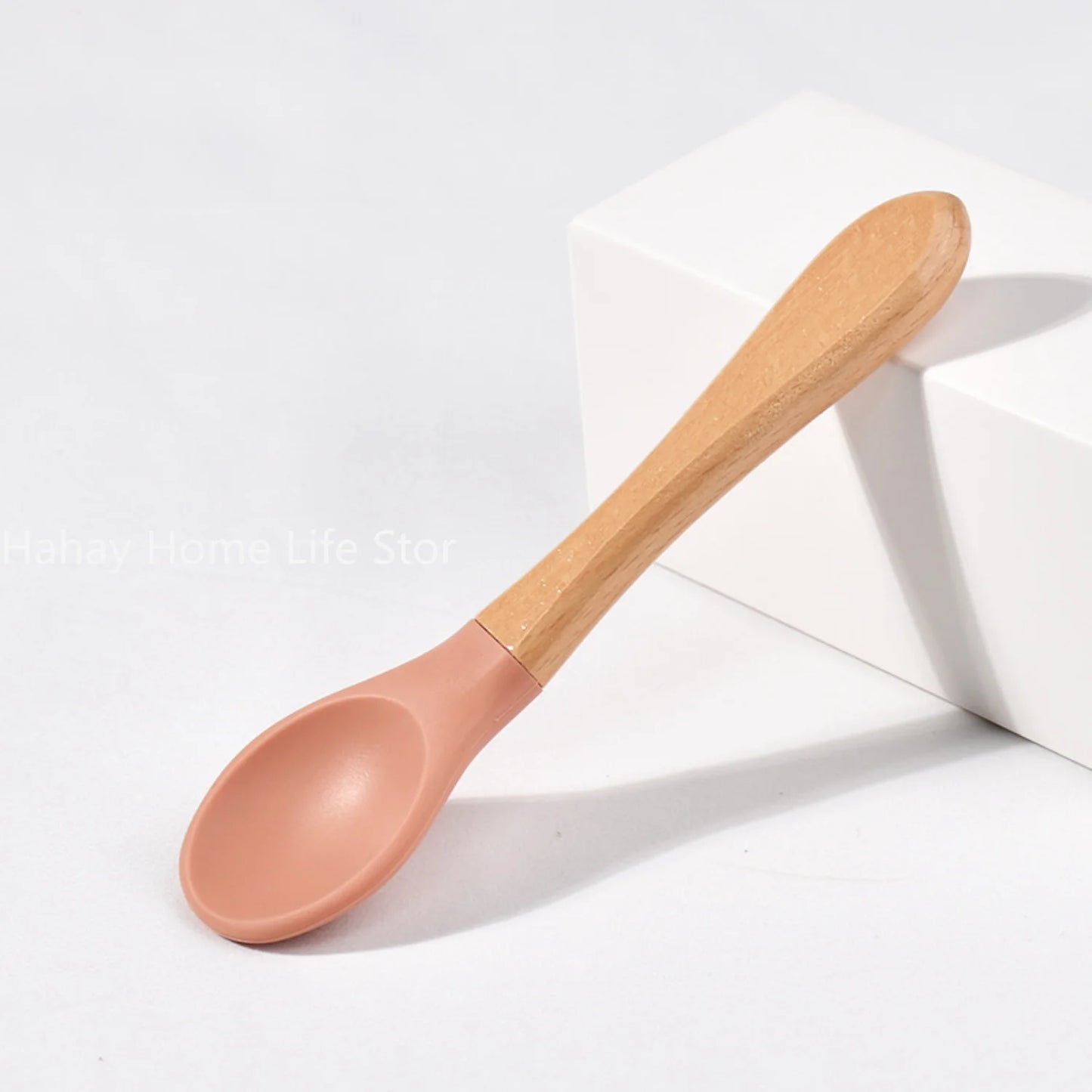 Baby Silicone Feeding Set with Wooden Handle Soft Training Spoon and Fork for Kids