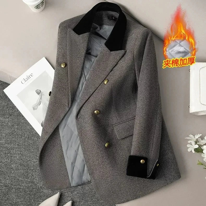 Women's Office Woolen Suit Jacket for women 2025 New Autumn Winter Chic gray Herringbone pattern Suit Female Thick Casual Coat