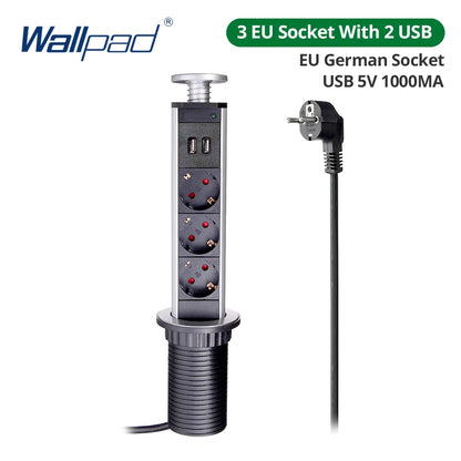 Wallpad Pull Pop Up Desktop Socket 3 Outlets 2.4A USB Ports or No 2M Extension Plug Retractable Aluminum Body For Kitchen Tabel