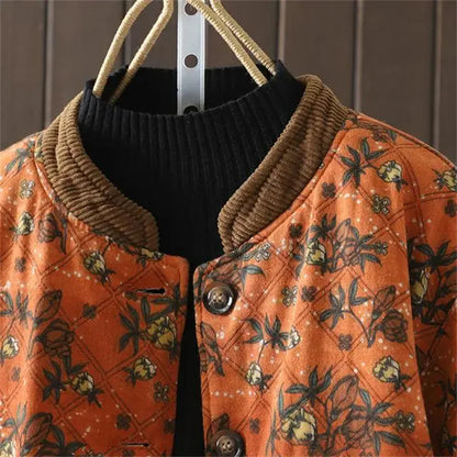 Women Retro Floral Plate Buckle Cotton Jacket Thickened Warm Cotton Clothing Cotton Linen Printed Autumn Winter Cotton Jacket