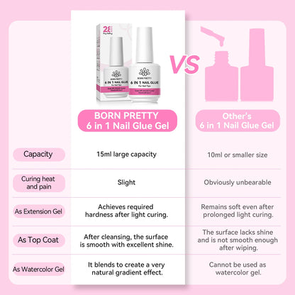 BORN PRETTY 6 IN 1 Nail Glue Gel 15ML for Acrylic Nails Soak off Base Gel Top Coat UV Extension Nail Gel False Nail Tips Gel
