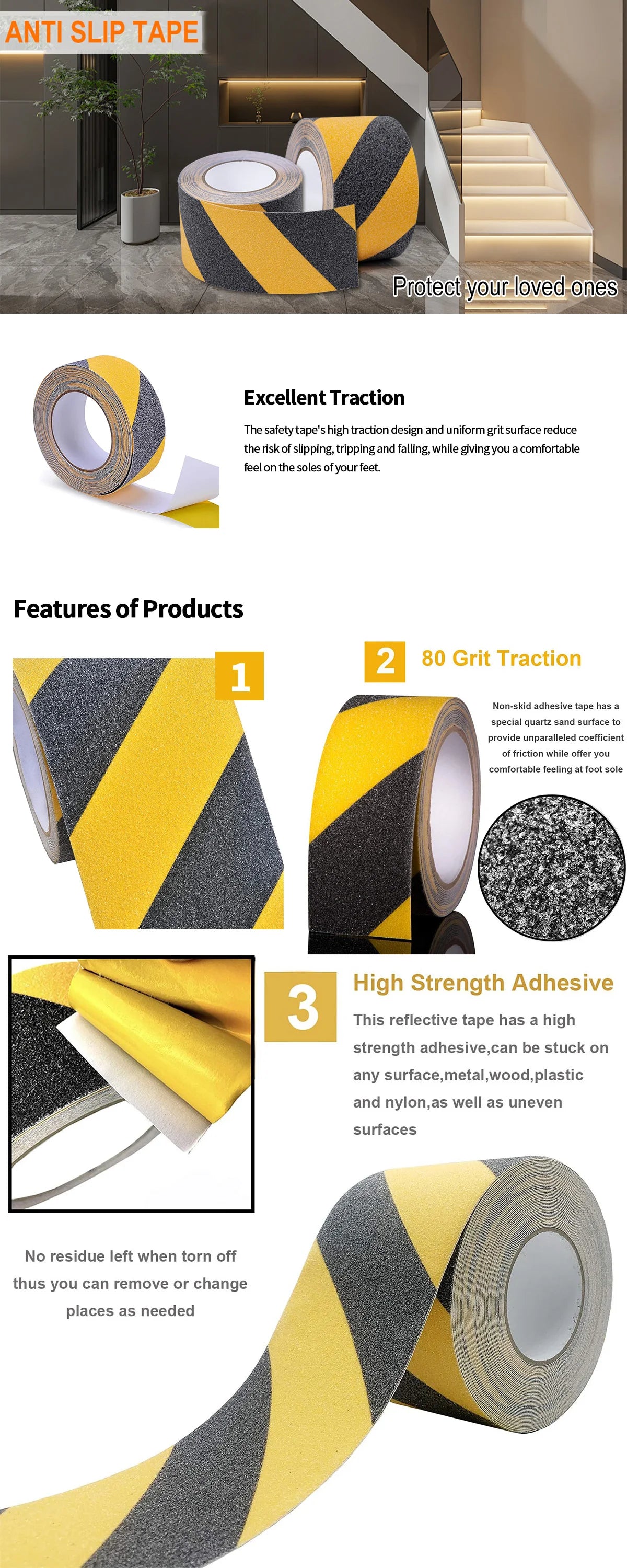 Anti slip safety tape， used for anti slip of stairs and steps, strong ground grinding tape  (Yellow/black)hazard warning tape