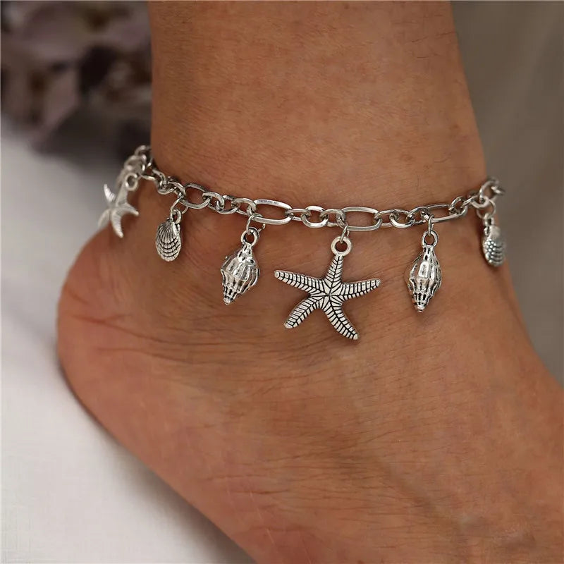 Modyle New Beads Anklets for Women Silver Color Starfish Beach Leg Bracelet Handmade Bohemian Foot Chain Boho Jewelry Gift