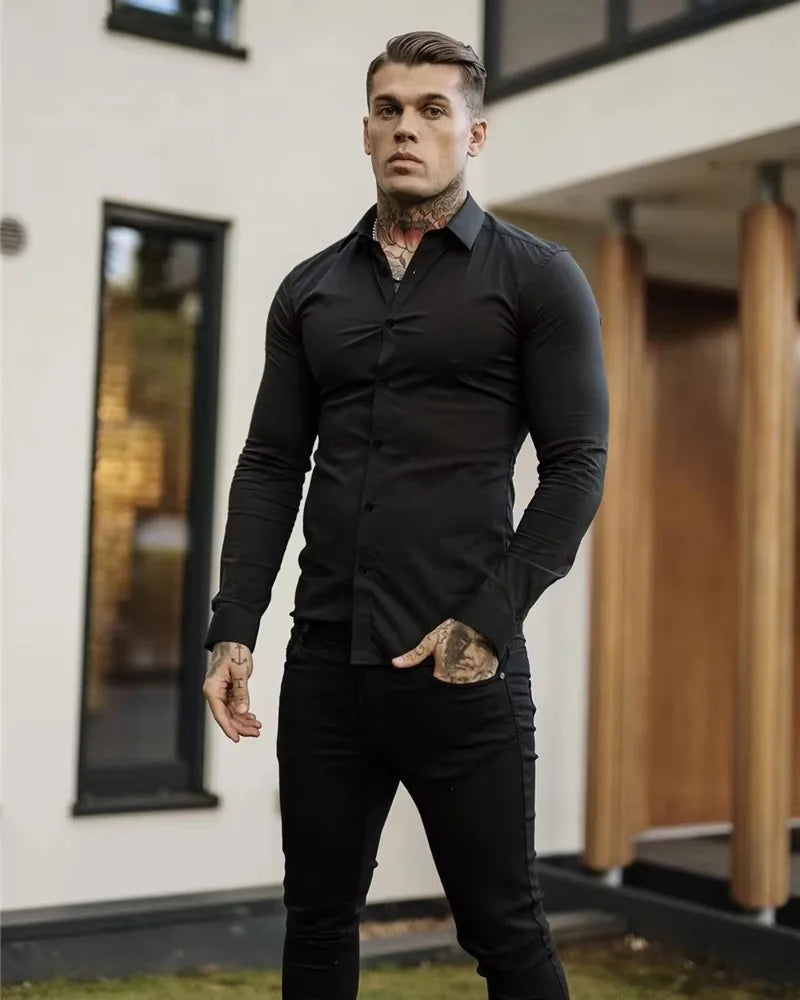 Men's Shirt Fashion Full Sleeve Shirt Men's Muscle Casual Slim-fit Business Dress Solid Color Shirt Men's Gym Fitness Men Shirt