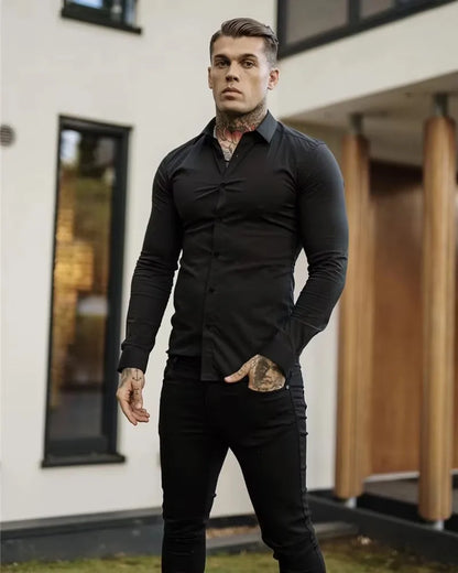 Men's Shirt Fashion Full Sleeve Shirt Men's Muscle Casual Slim-fit Business Dress Solid Color Shirt Men's Gym Fitness Men Shirt