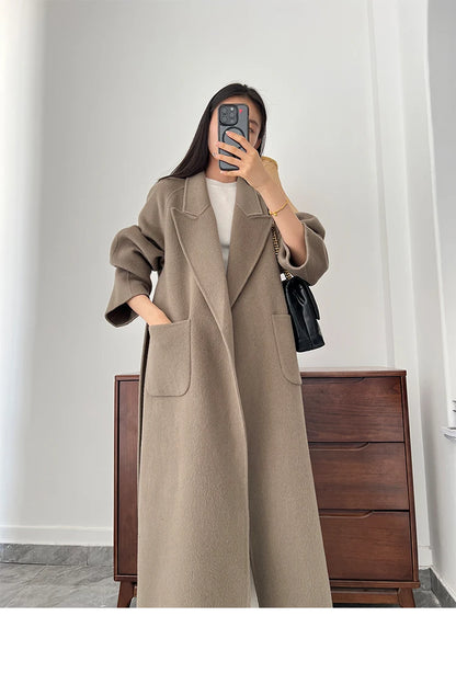 Office Lady Woolen Jackets 2024 Autumn And Winter Bathrobe Style Pocket Double-Sided Loose Lace -Up Tie Women's Long Wool Coats