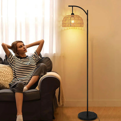 Floor Lamp Living Room,E27 Industrial Metal Floor Lamp,Black Floor Lamp,Rattan Weave Floor Lamp for Bedroom(Without Bulb)