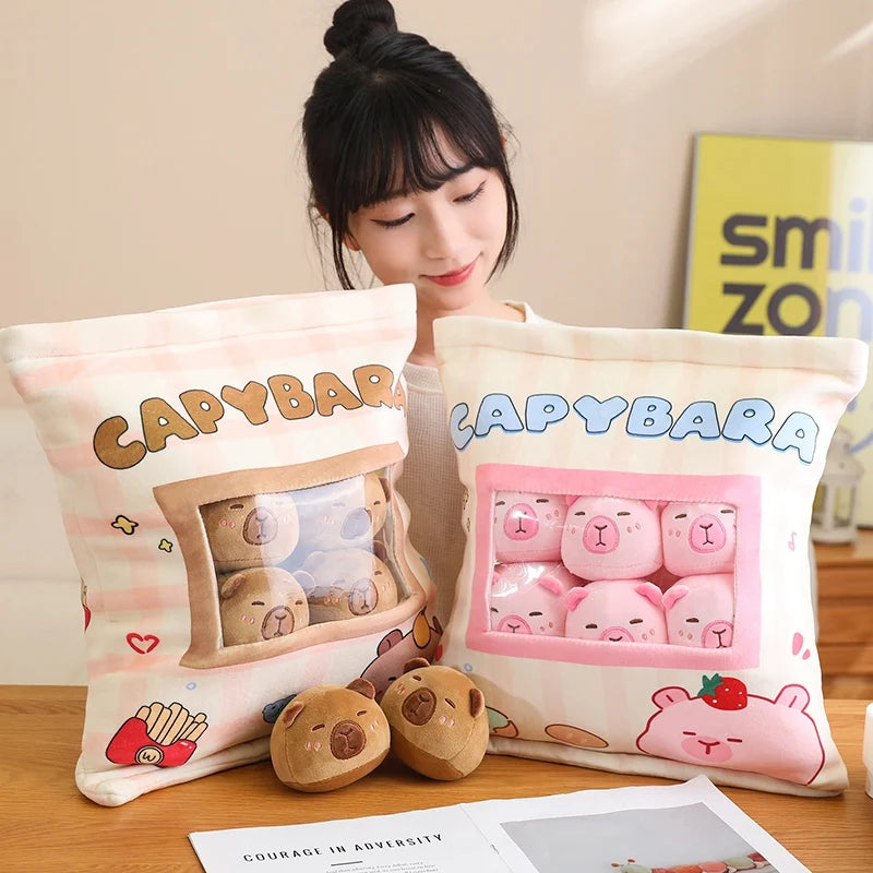 A Plushies Bag Pudding Toys Puff Balls Mini Cute Stuffed Animal Capybara Doll Removable Set Plush Pillow Snack Cushion Kids Gift