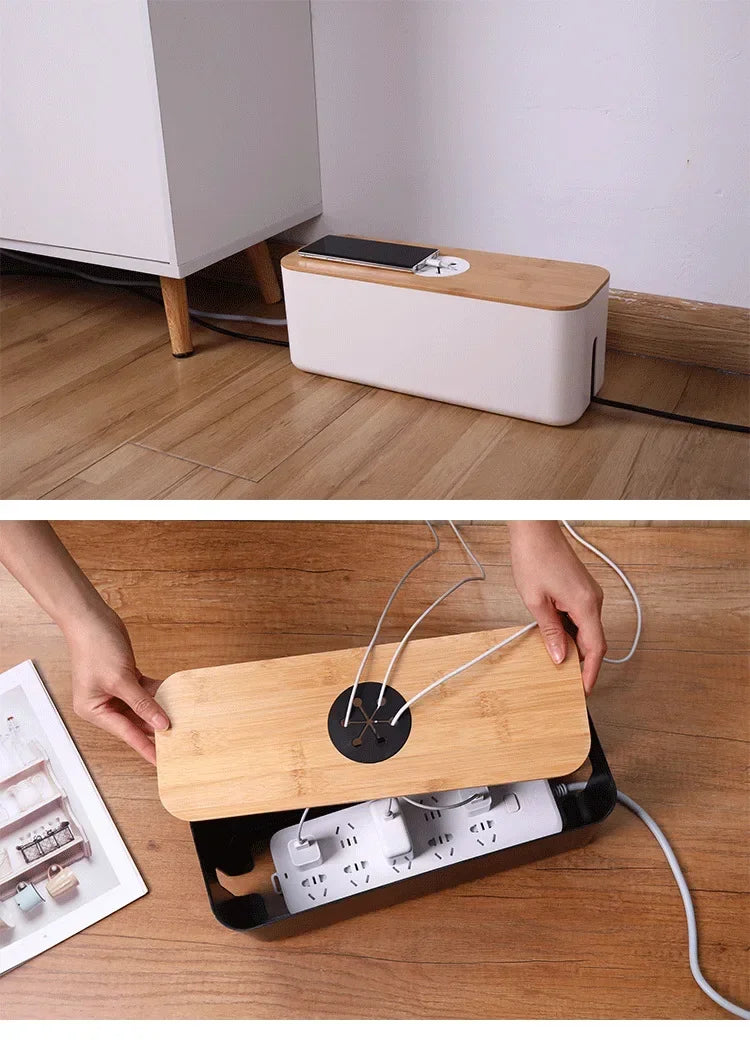 Cable Storage Box Power Strip Case Wooden Power Line Wire Management Organizer Anti-Dust Charger Socket Network Line Storage Bi