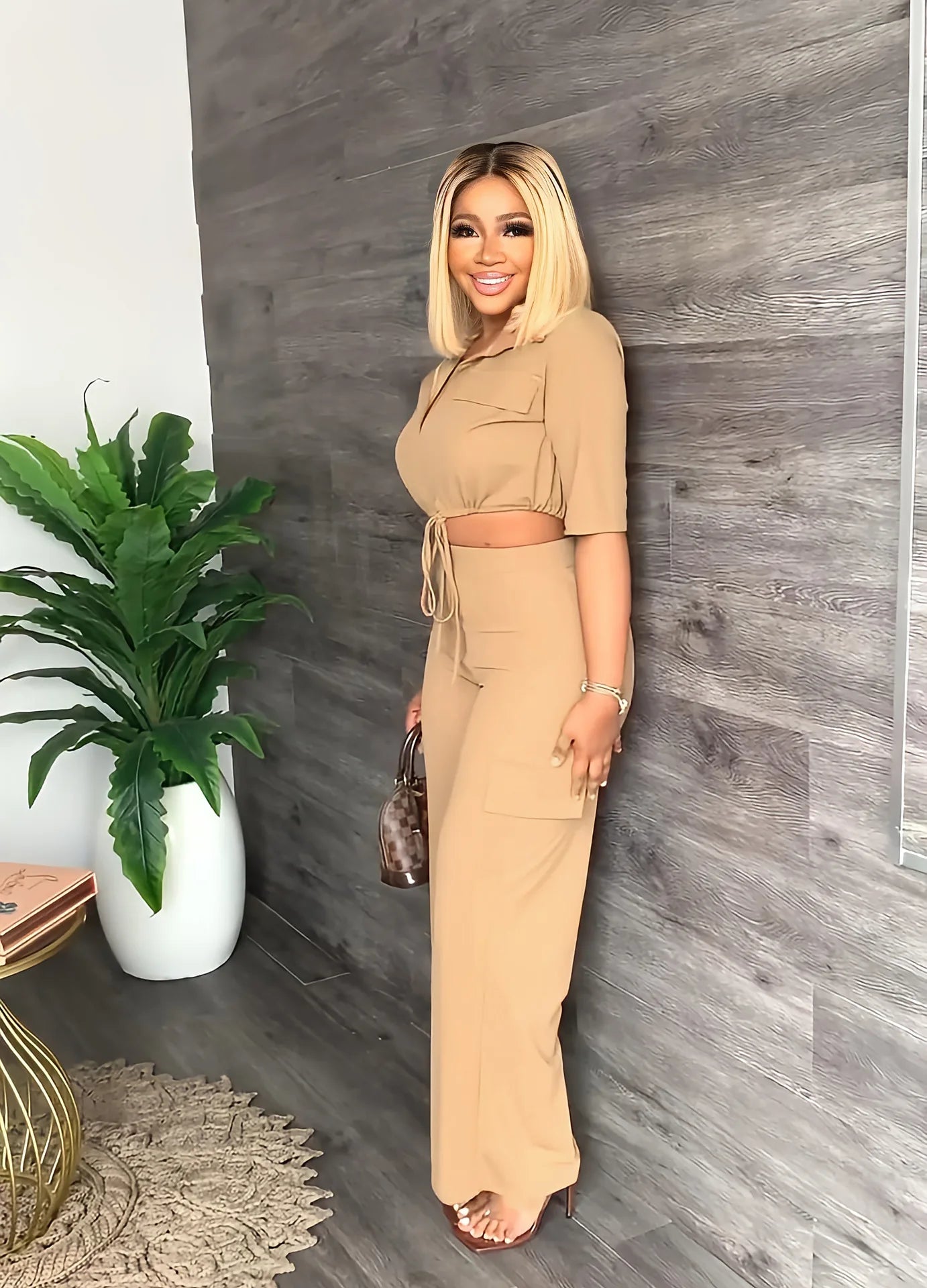 Elegant Office Women Two Piece Sets Autumn V Turn-down Neck Half Sleeve Drawstring Lace Up Short Shirt + Wide Leg Trousers Set