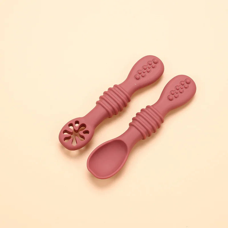 Food Grade Silicone Baby Training Fork Spoon Set for Teeth Grinding Complementary Rice Paste Baby Feeding Tableware