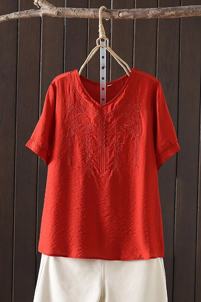 Women Clothing Streetwear Casual Fashion Elegant Cotton Linen Embroidery Vintage Clothes Tops Shirts for Women Tees