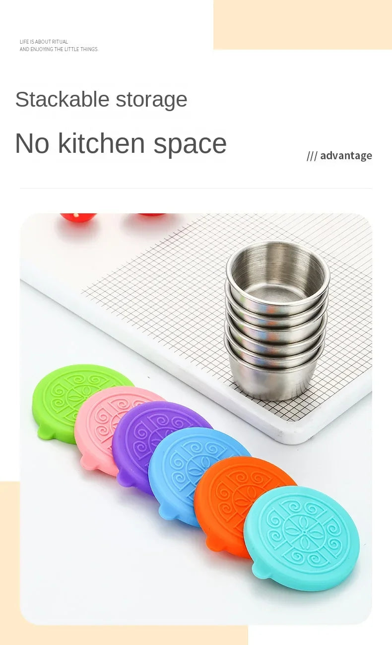 6 Pcs Set Leakproof Stainless Steel Dipping Sauce Cups Food Containers Reusable Salad Dressing Container Silicone Stretch Lids