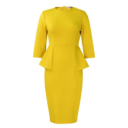 Elegant Office Dresses for Woman O Neck Full Sleeve Sheath Ruffles Package Hips Mid Calf Professional Business Work Dress Midi