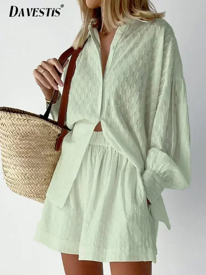 Casual Loose Women Short Two Piece Set Suit Fashion Blouse Long Sleeve Shirt Lady Simple Style Shorts Streetwear Blouse Tops