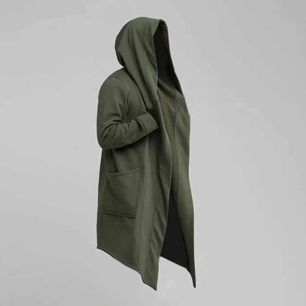 Oversize Men Coat Long Turn-down Collar Big Hat Cardigan Trench Coat Hooded Oblique Hem Big Pockets Men Windbreaker Outwear