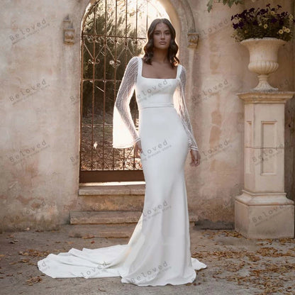 Modern Wedding Dresses Satin Bridal Gowns Full Sleeves Lace Appliques Square Collar Robes Glamorous Vestidos De Novia Customized