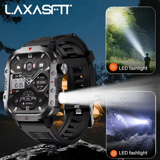 LAXASFIT Sports Smart Watch Men's Outdoor Sports Fitness Tracker Health Monitor LED Flashlight 2.01” Bluetooth Talk Smart Watch