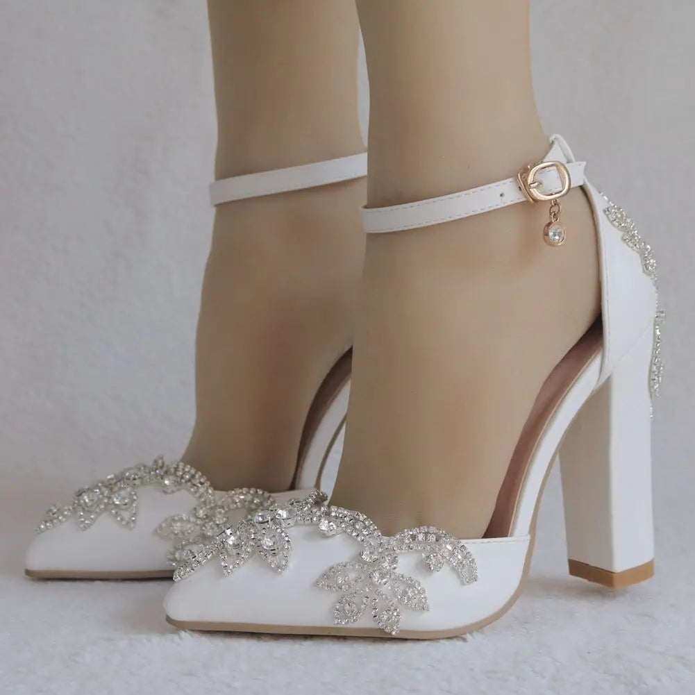 2025 Thick Heel Pointed Toe Shoes Large Size  Thick Heel Sandals Women Rhinestone Wedding Shoes Women White Wedding Shoes Drill