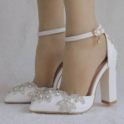 2025 Thick Heel Pointed Toe Shoes Large Size  Thick Heel Sandals Women Rhinestone Wedding Shoes Women White Wedding Shoes Drill
