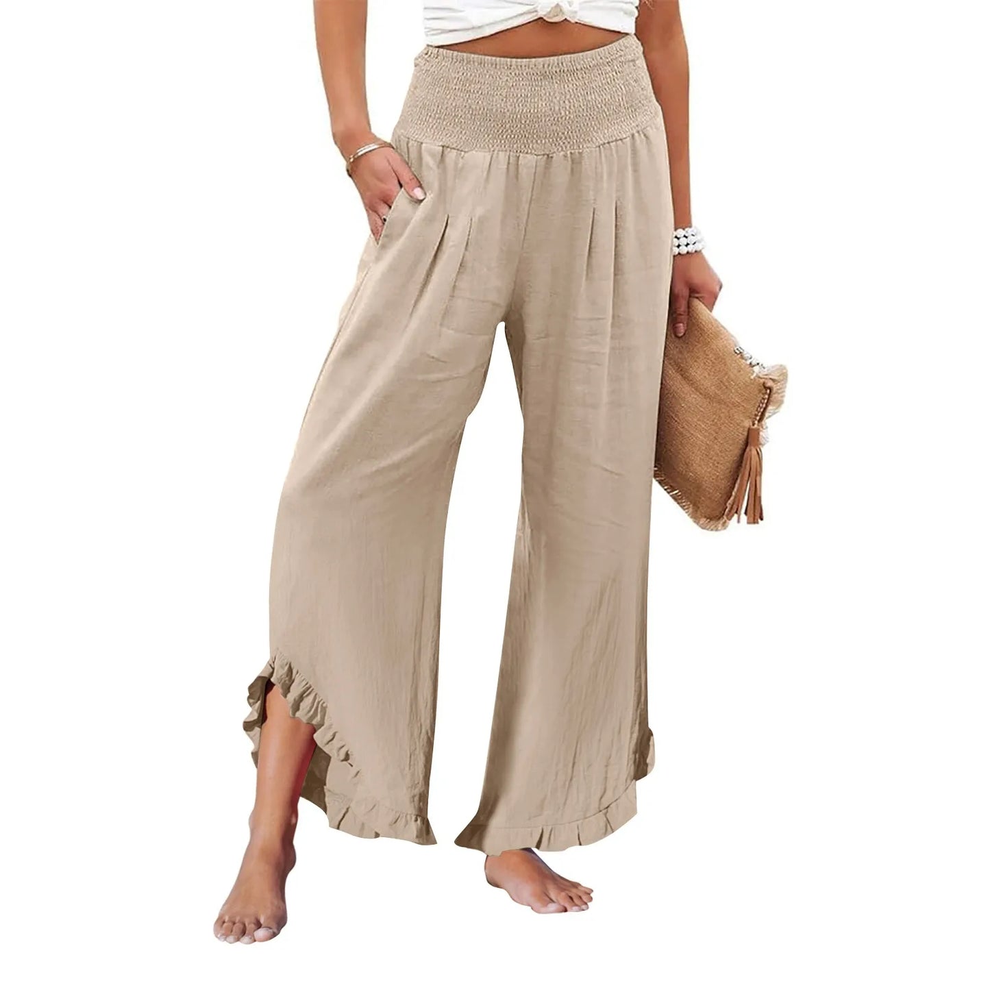 Summer Womens Palazzo Pants Summer Casual Flowy Wide Leg Trousers Beach Travel Vacation Outfits All Match Loose Baggay Pants