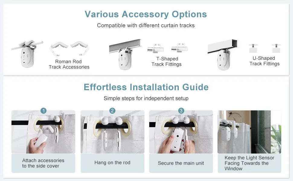 Smart Automatic Curtain Opener-Remote Control With App/Timer/Voice,Upgraded High-Performance Motor(For Roman Rod/T/U Track 3in1)