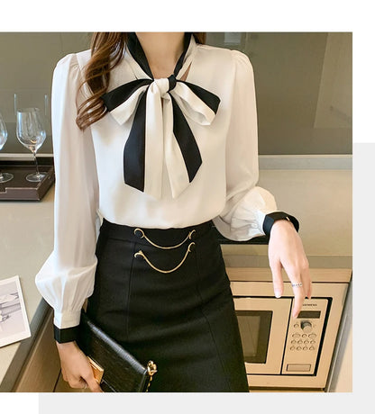 Elegant Office Blouses Women Chiffon Autumn Winter Korean Fashion Casual Streetwear Blusas Mujer Puff Sleeve Ladies Tops Shirts