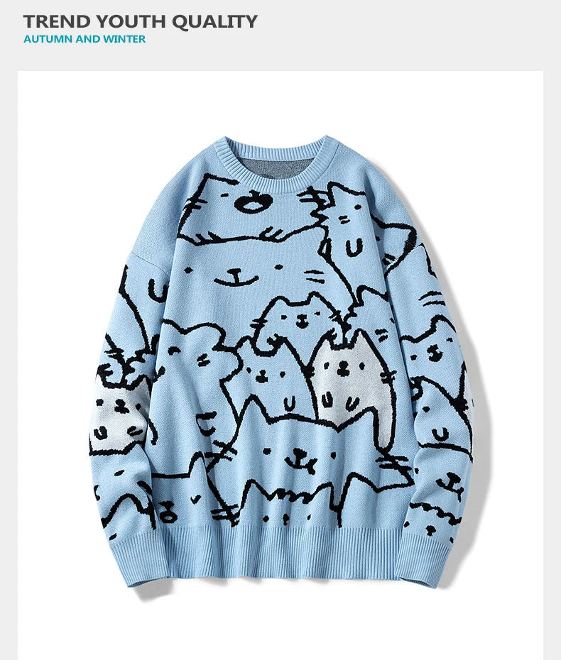 Autumn Cotton Anime Sweaters Men Retro Harajuku Vintage Oversized Sweaters Loose Cute Cartoon Cat Pullovers Homme Men Clothing