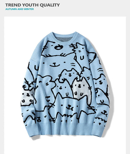 Autumn Cotton Anime Sweaters Men Retro Harajuku Vintage Oversized Sweaters Loose Cute Cartoon Cat Pullovers Homme Men Clothing