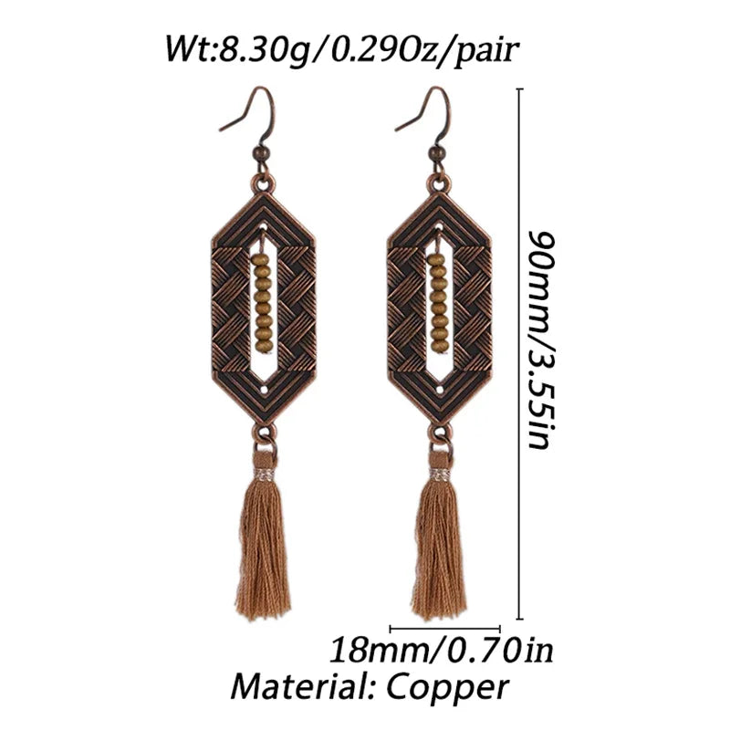 Bohemian Brown Geometric Fringe Earrings for Women Vintage Hollow Flower Beads Tassel Earrings Girls Party Jewelry Gifts