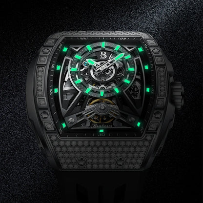 Men Mechanical Winding Watch Montre Homme 2024 New BRUBOSES 5ATM Water Resistant Luminous Tonneau Quartz Wristwatch WIth Diamond