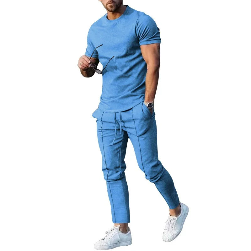 Sports Set Mens Fall 2023 Summer Solid Casual Round Neck Short Sleeve Sports T-shirt Two Piece Set for Men