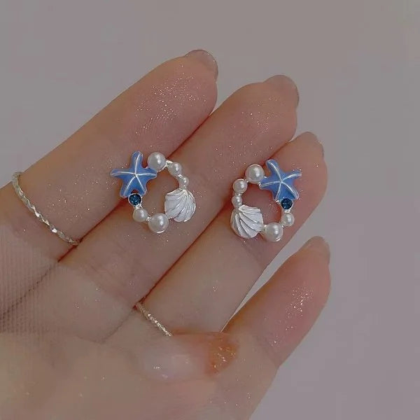 Fashion Asymmetric Ocean Style Earrings Stud  For Women Starfish Shell Earring Ear Ring Imitation Pearl Zircon Jewelry Gift