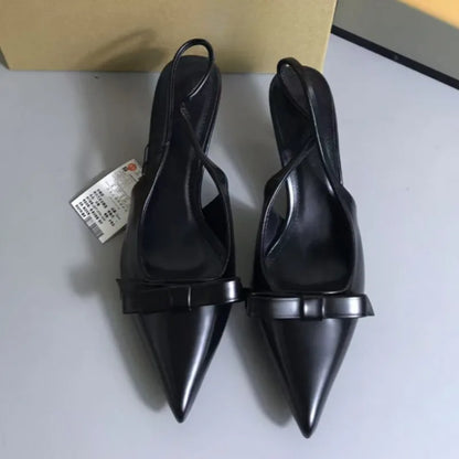 2025 Modern Office Shoes for Women White Black Wedding Slingback Pointed Toe Butterfly Decoration Female High Heeled Sandals