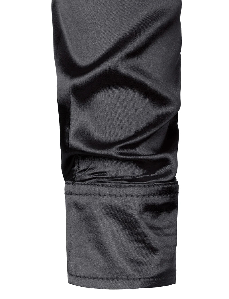 Black Mens Silk Dress Shirts 3Pcs(Shirt +Tie+Bowtie) Smooth Satin Shirt Men Slim Fit Party Prom Casual Shirts Men Social Camisa