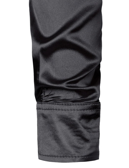 Black Mens Silk Dress Shirts 3Pcs(Shirt +Tie+Bowtie) Smooth Satin Shirt Men Slim Fit Party Prom Casual Shirts Men Social Camisa