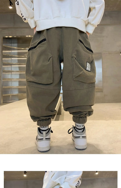 Boys Spring Autumn Children's Clothing Cargo Pants Children's Casual Large Size Sweatpants Boys Fashion Fake Zippers Cargo Pants
