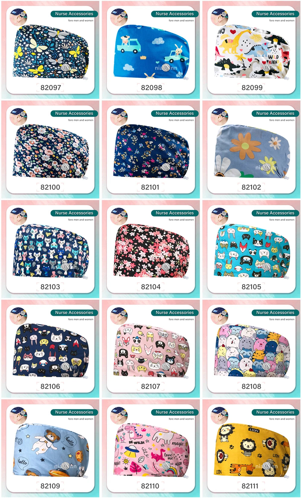 Cartoon Printed Operating Room Doctor Work Scrub Hat Pharmacy Dentistry Clinic Surgical Cap Adjustable Medical Nurse Accessories