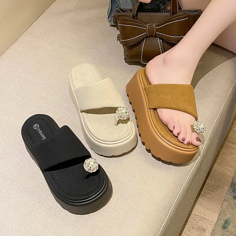 7cm Shiny Rhinestone High Platform Slippers Women Butterfiy-Knot Heels Chunky Sandals Woman Summer Thick Bottom Wedges Slides