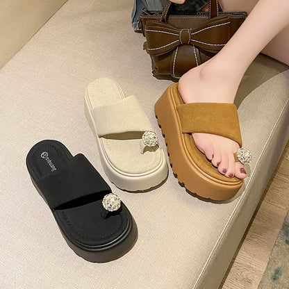 7cm Shiny Rhinestone High Platform Slippers Women Butterfiy-Knot Heels Chunky Sandals Woman Summer Thick Bottom Wedges Slides