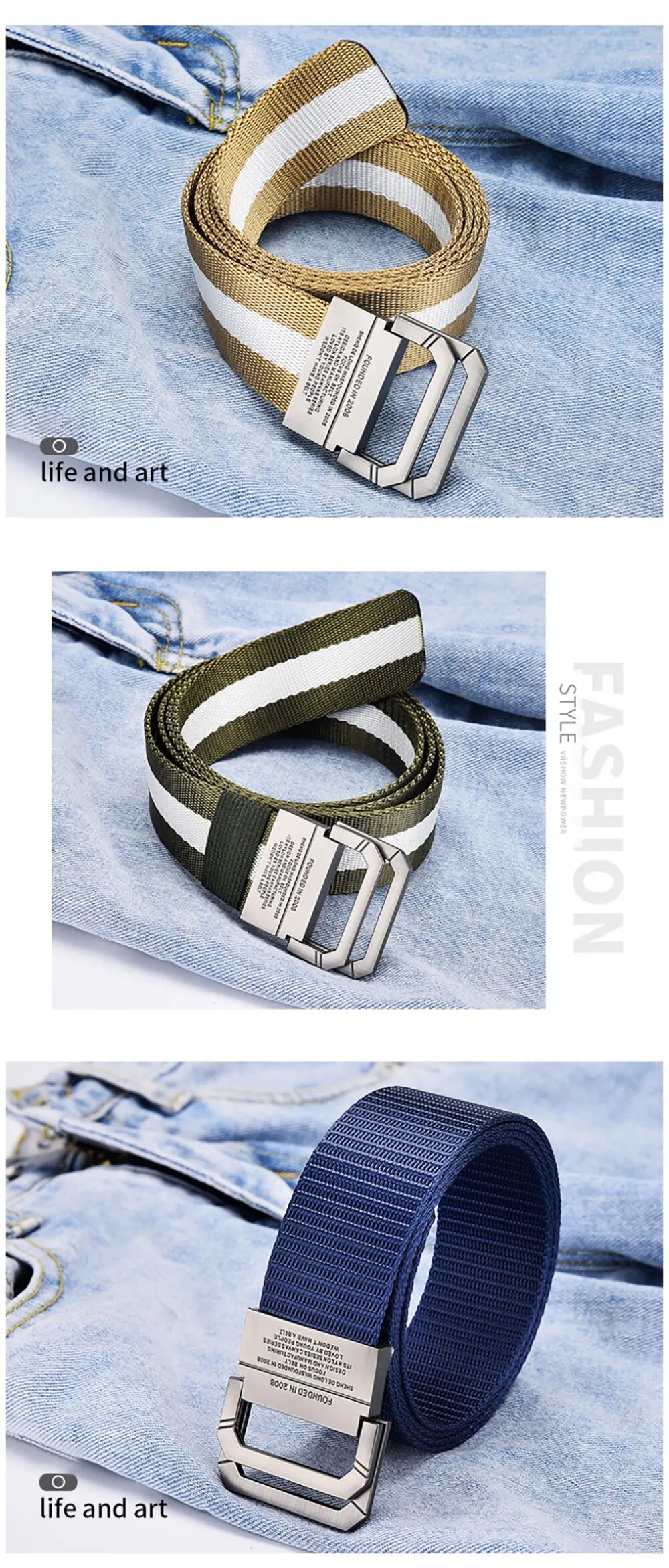 Men's Belt Trend Double Loop Buckle Canvas Belt Women's Belt with Cargo Pants Jeans Belt Outdoor Sports Belt No Perforated Belt