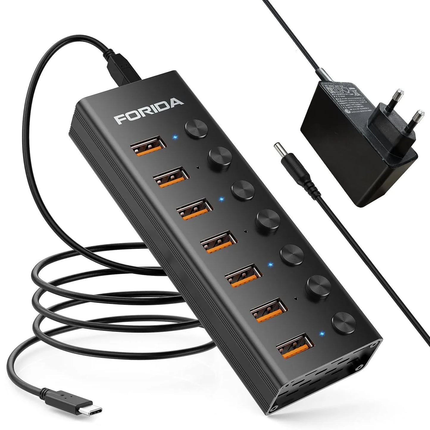 FORIDA USB C Hub 3.2 10Gbps 4/7 Port Aluminium Alloy Docking Stations Splitter LED Switches Adapter for MacBook Laptop Phone