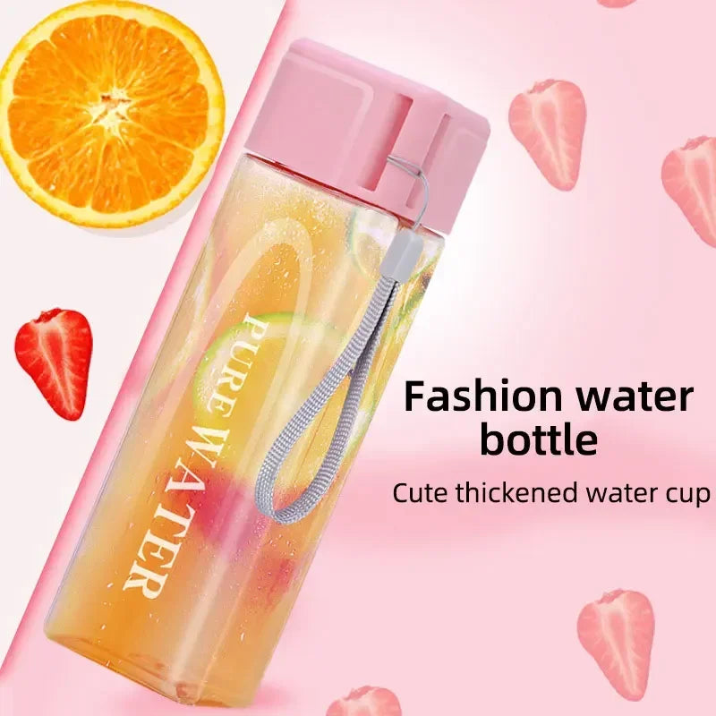 Portable Plastic Water Cup Square Bottle with Hand Strap Milk Cup Creative Frosted Portable Cup Student Sports Water Bottle