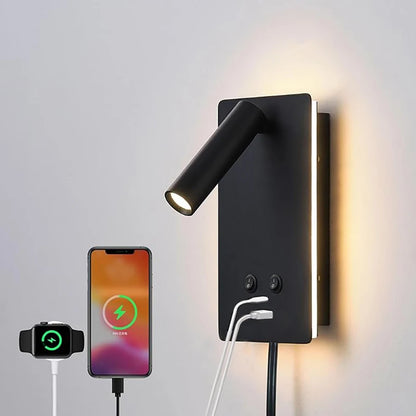 Indoor bedside wall lamp, with front and rear lighting modes, equipped with switch and USB C-type