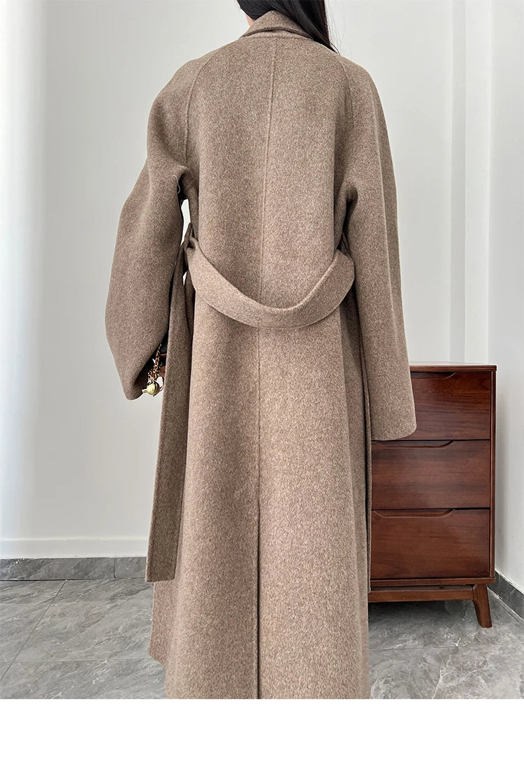 Office Lady Woolen Jackets 2024 Autumn And Winter Bathrobe Style Pocket Double-Sided Loose Lace -Up Tie Women's Long Wool Coats