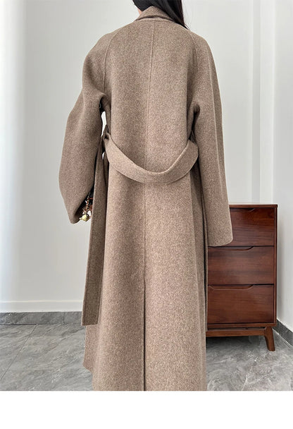 Office Lady Woolen Jackets 2024 Autumn And Winter Bathrobe Style Pocket Double-Sided Loose Lace -Up Tie Women's Long Wool Coats