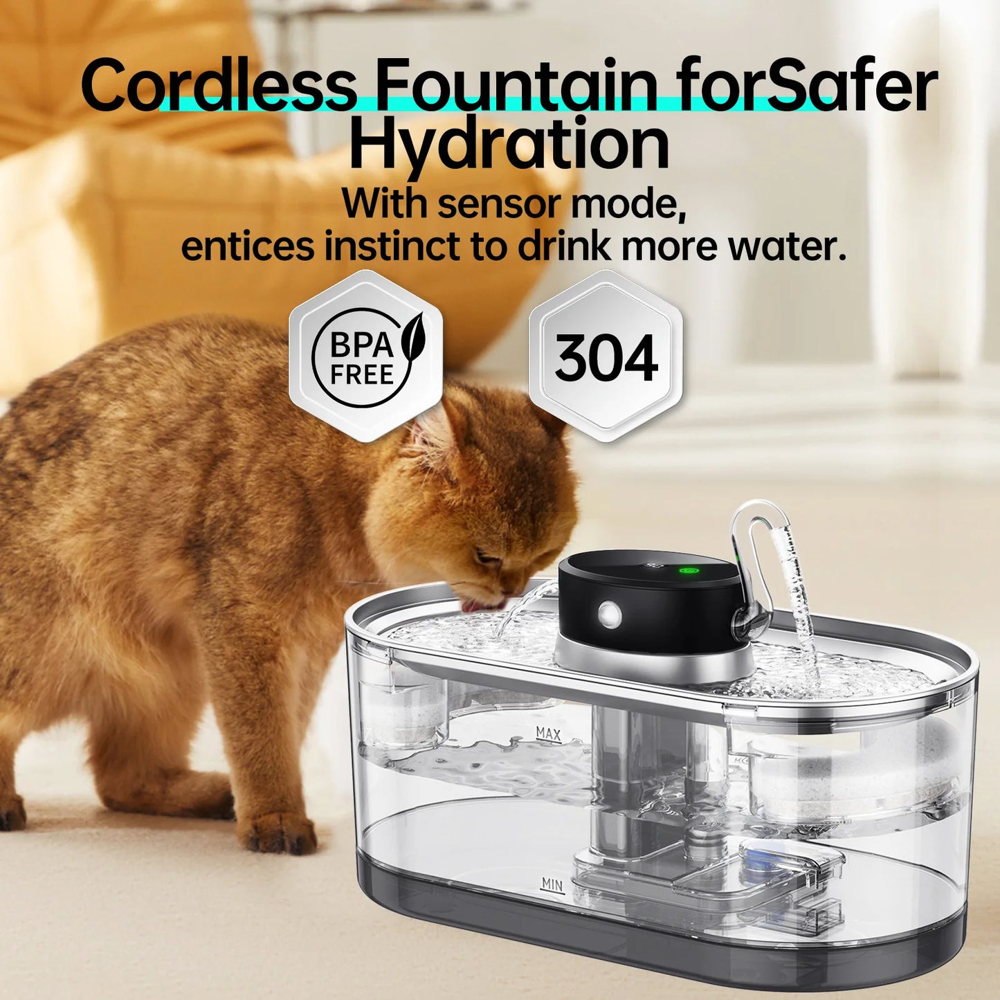 Stainless Steel Wireless Smart Cat Water Fountain 5000mah Pet Water Dispenser for Dog Cat Infrared Sensor Pet Drinkier Fountain