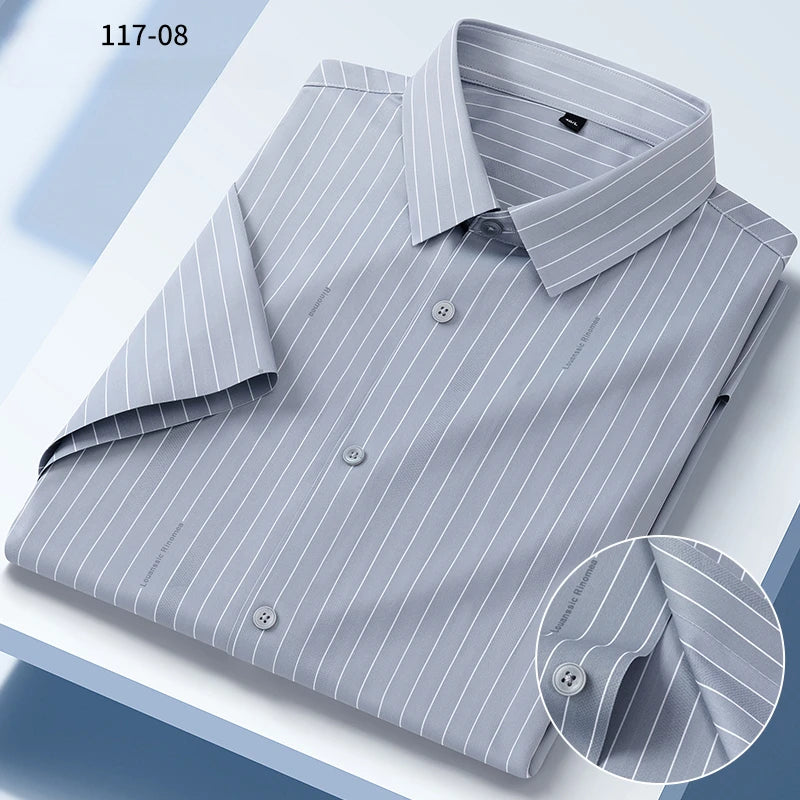 New in shirt summer short sleeve shirts for men slim fit formal plain shirt soft office striped top wrinkle free elastic clothes