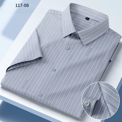 New in shirt summer short sleeve shirts for men slim fit formal plain shirt soft office striped top wrinkle free elastic clothes