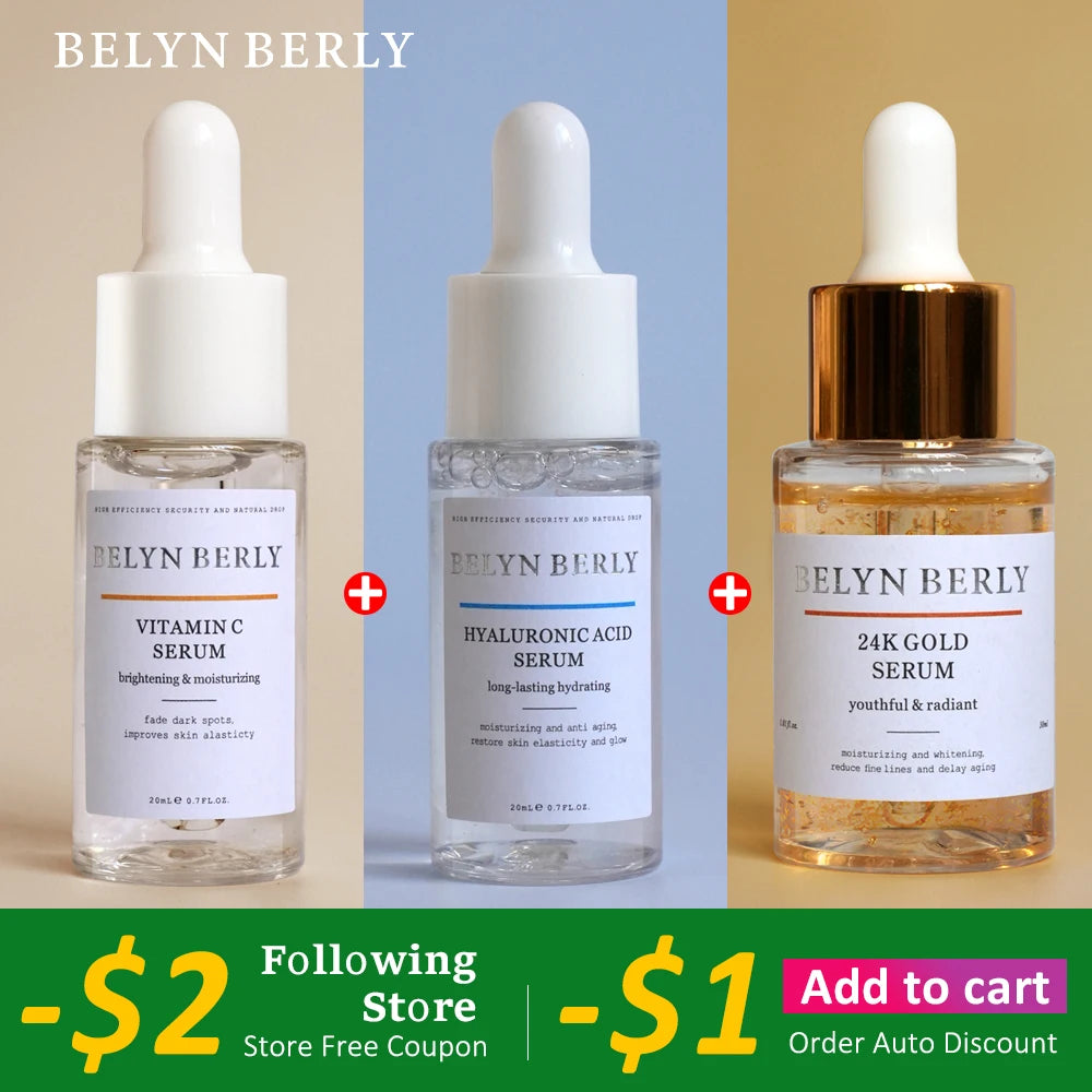 BELYN BERLY Face Serum 3Pcs/Lot Hyaluronic Acid + Vitamin C + 24k Gold Serum Moisturizing Spot White Facial Serum